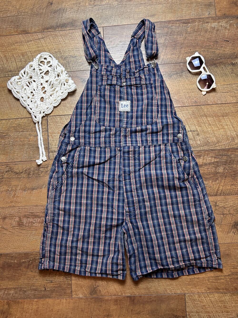 Vintage Lee Blue Plaid Shortalls Overalls 18" flat lay 7" inseam